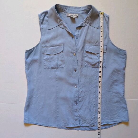Anna & Frank Womens L 100% Silk Sleeveless Collared Blouse Blue Top Pockets - Picture 8 of 10
